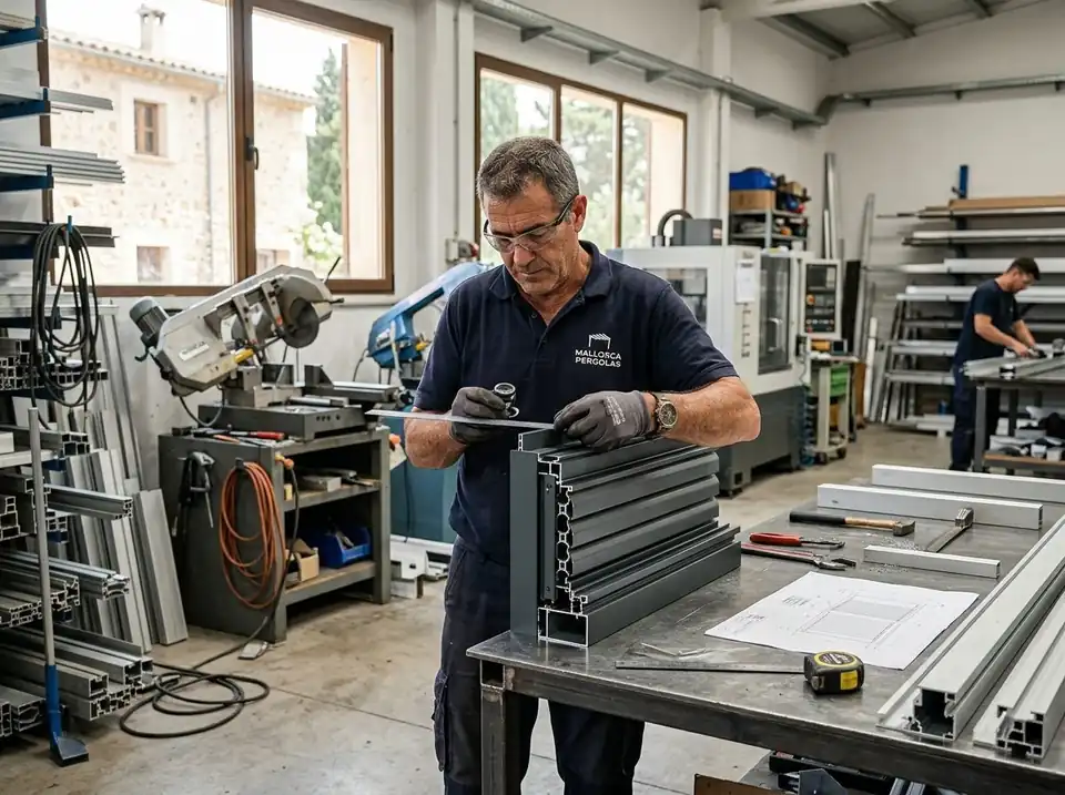 Profesional revisando perfiles de aluminio en el taller antes de fabricar una pérgola