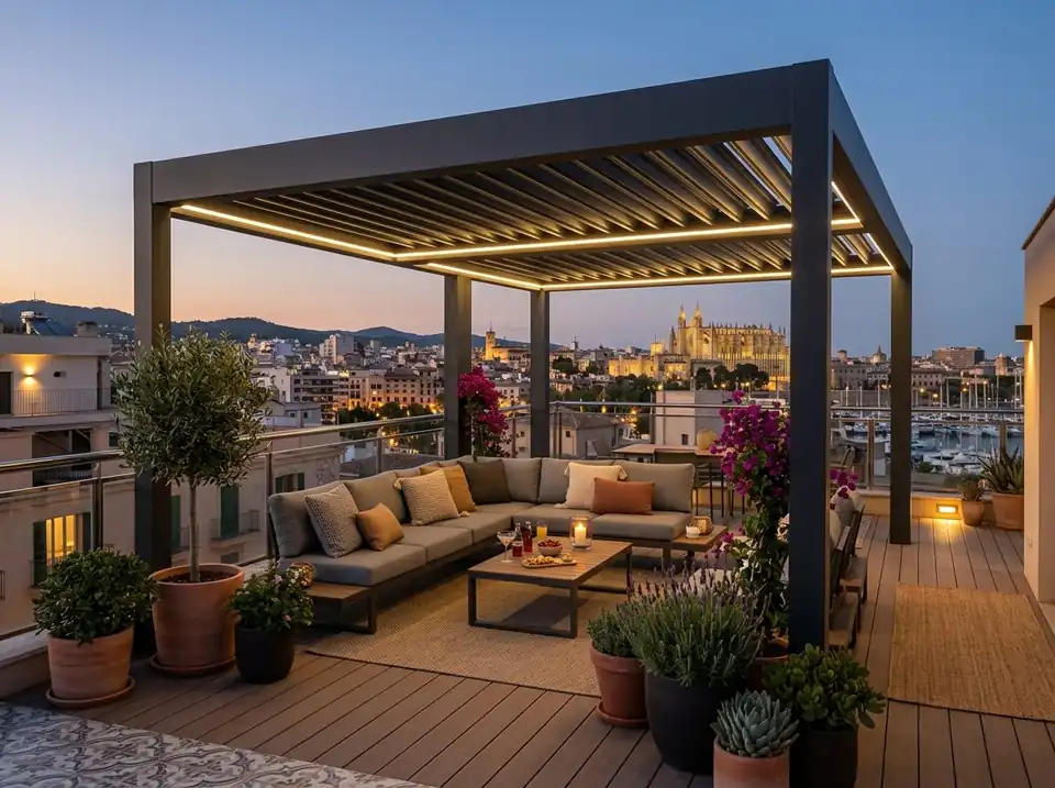 Pérgola bioclimática antracita con LED en un ático de Santa Catalina, Palma