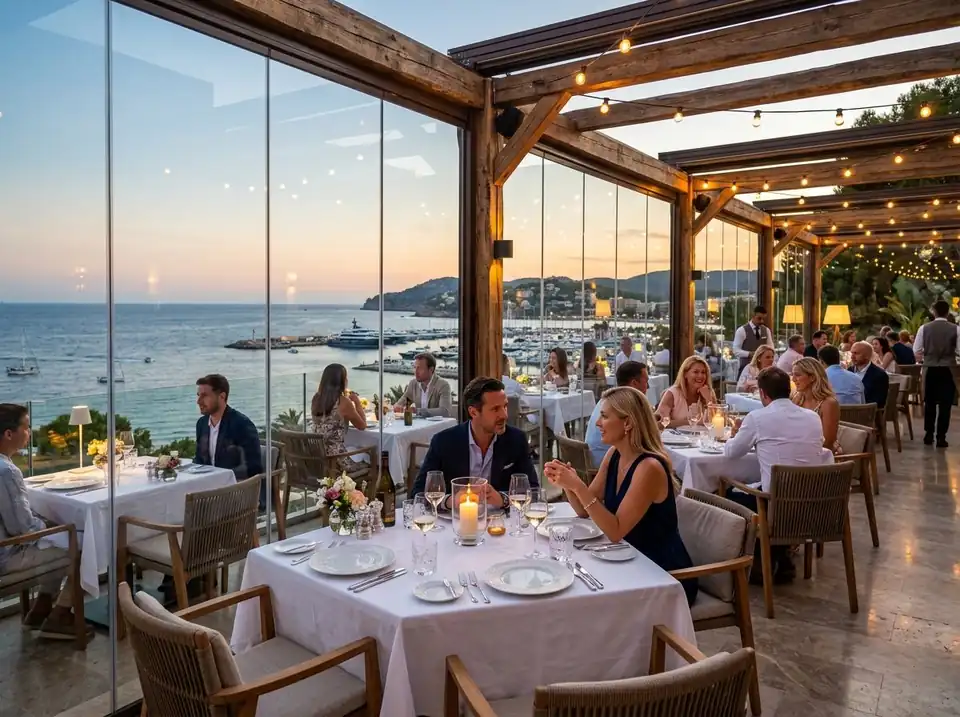 Terraza de restaurante en Portals Nous con cortinas de cristal y pérgola de madera