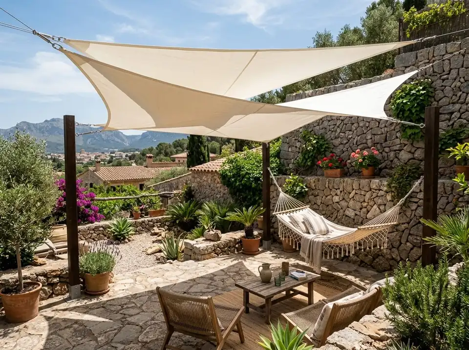 Doble toldo vela sobre una zona chill-out con hamaca en un jardín de Pollença