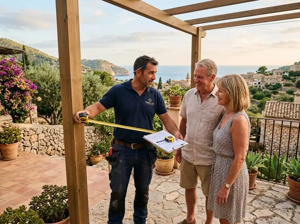 Técnico midiendo una terraza con los propietarios antes de presupuestar la pérgola
